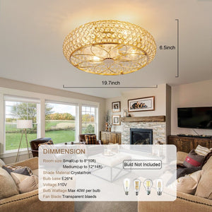 English Elm 19-Inch Crystal Cage Ceiling Fan Gold Glam Flush Mount with App Remote Bedroom W2991P521166