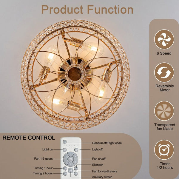 English Elm 19-Inch Crystal Cage Ceiling Fan Gold Glam Flush Mount with App Remote Bedroom W2991P521166