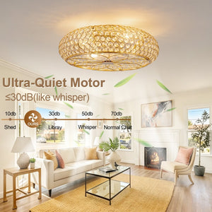 English Elm 19-Inch Crystal Cage Ceiling Fan Gold Glam Flush Mount with App Remote Bedroom W2991P521166