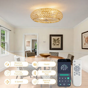 English Elm 19-Inch Crystal Cage Ceiling Fan Gold Glam Flush Mount with App Remote Bedroom W2991P521166