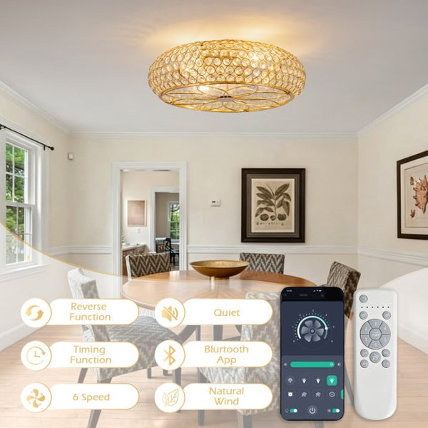 English Elm 19-Inch Crystal Cage Ceiling Fan Gold Glam Flush Mount with App Remote Bedroom W2991P521166