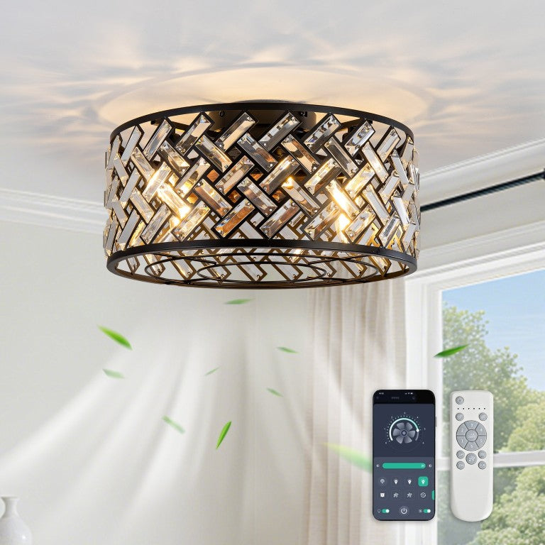 English Elm 19-Inch Wrought Iron Cage Flush Mount Ceiling Fan with DC Motor and App Control W2991P521168