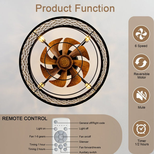 English Elm 19-Inch Wrought Iron Cage Flush Mount Ceiling Fan with DC Motor and App Control W2991P521168