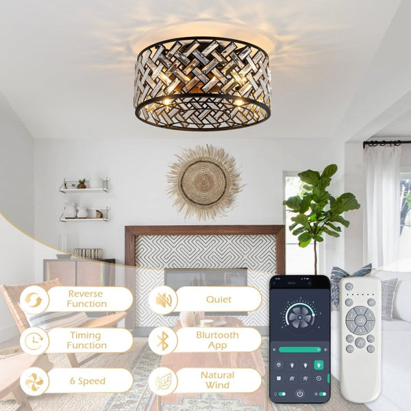 English Elm 19-Inch Wrought Iron Cage Flush Mount Ceiling Fan with DC Motor and App Control W2991P521168