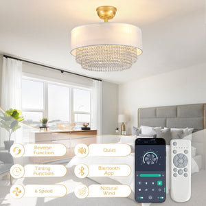 English Elm New Crystal Pendant Flush Mount Ceiling Fan with Fabric Shade App Control Six Speeds W2991P521169
