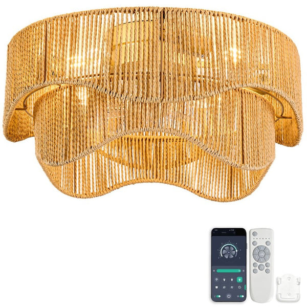 English Elm 19-Inch Bohemian Paper-Cord Recessed Ceiling Fan Hand-Woven Cage with Bluetooth Control W2991P521172