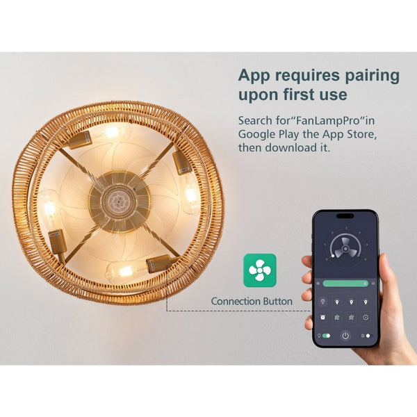 English Elm 19-Inch Bohemian Paper-Cord Recessed Ceiling Fan Hand-Woven Cage with Bluetooth Control W2991P521172