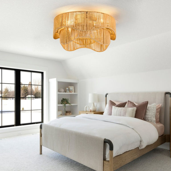English Elm 19-Inch Bohemian Paper-Cord Recessed Ceiling Fan Hand-Woven Cage with Bluetooth Control W2991P521172