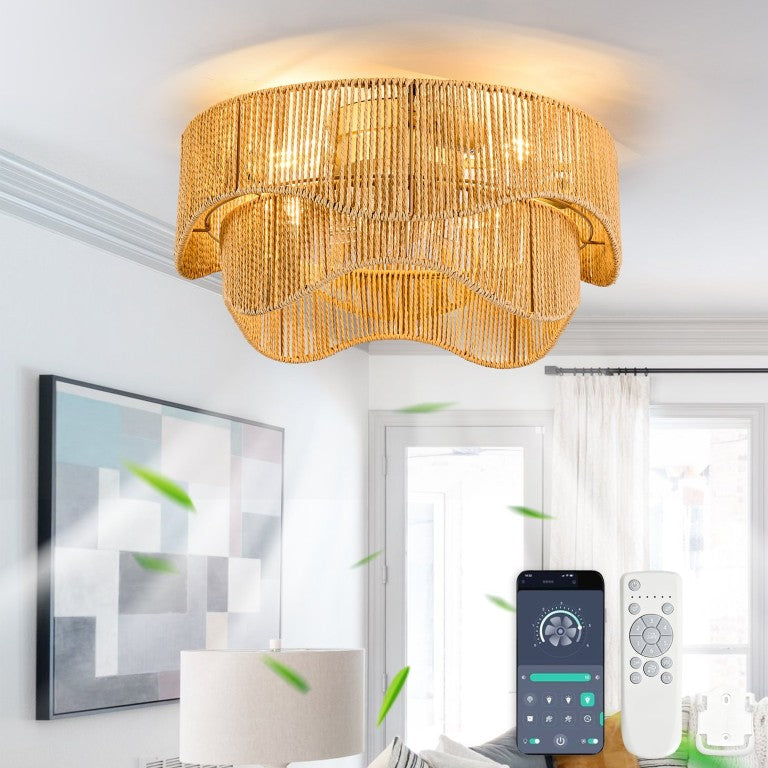 English Elm 19-Inch Bohemian Paper-Cord Recessed Ceiling Fan Hand-Woven Cage with Bluetooth Control W2991P521172