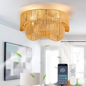 English Elm 19-Inch Bohemian Paper-Cord Recessed Ceiling Fan Hand-Woven Cage with Bluetooth Control W2991P521172