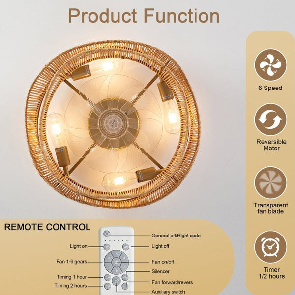 English Elm 19-Inch Bohemian Paper-Cord Recessed Ceiling Fan Hand-Woven Cage with Bluetooth Control W2991P521172