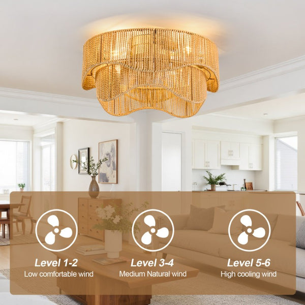 English Elm 19-Inch Bohemian Paper-Cord Recessed Ceiling Fan Hand-Woven Cage with Bluetooth Control W2991P521172