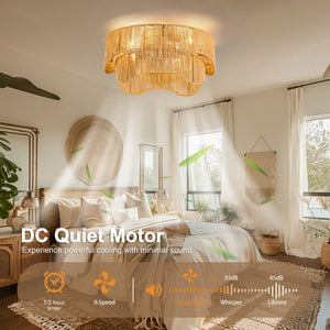 English Elm 19-Inch Bohemian Paper-Cord Recessed Ceiling Fan Hand-Woven Cage with Bluetooth Control W2991P521172