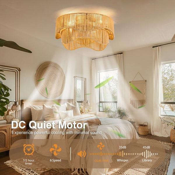 English Elm 19-Inch Bohemian Paper-Cord Recessed Ceiling Fan Hand-Woven Cage with Bluetooth Control W2991P521172