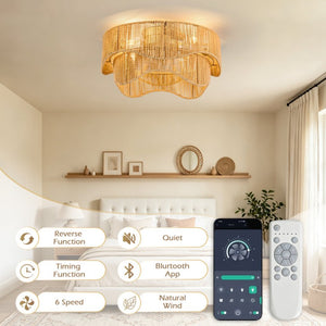 English Elm 19-Inch Bohemian Paper-Cord Recessed Ceiling Fan Hand-Woven Cage with Bluetooth Control W2991P521172