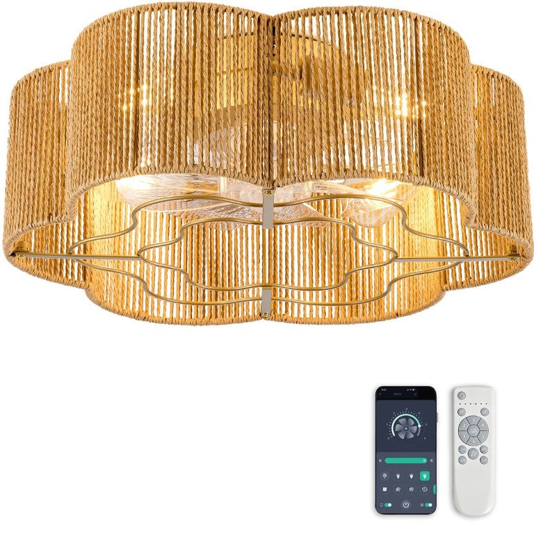 English Elm New Hand-Woven Paper-Cord Flush Mount Ceiling Fan with DC Motor and App Control W2991P521177