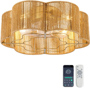 English Elm New Hand-Woven Paper-Cord Flush Mount Ceiling Fan with DC Motor and App Control W2991P521177