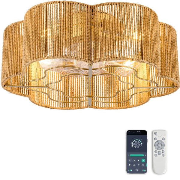 English Elm New Hand-Woven Paper-Cord Flush Mount Ceiling Fan with DC Motor and App Control W2991P521177