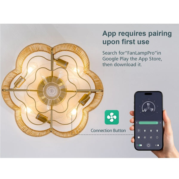 English Elm New Hand-Woven Paper-Cord Flush Mount Ceiling Fan with DC Motor and App Control W2991P521177