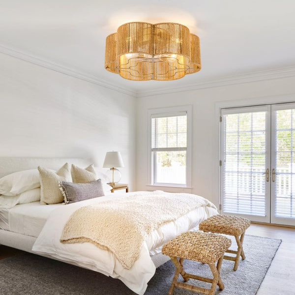 English Elm New Hand-Woven Paper-Cord Flush Mount Ceiling Fan with DC Motor and App Control W2991P521177