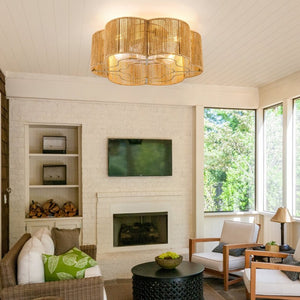 English Elm New Hand-Woven Paper-Cord Flush Mount Ceiling Fan with DC Motor and App Control W2991P521177