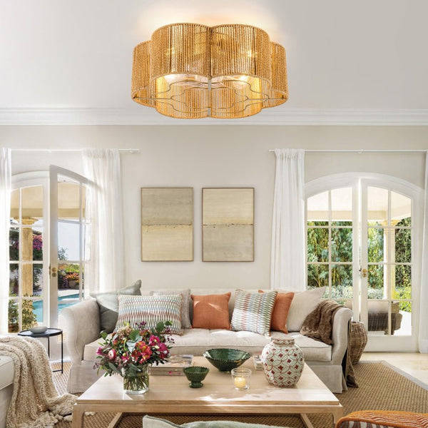 English Elm New Hand-Woven Paper-Cord Flush Mount Ceiling Fan with DC Motor and App Control W2991P521177