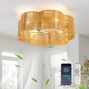 English Elm New Hand-Woven Paper-Cord Flush Mount Ceiling Fan with DC Motor and App Control W2991P521177