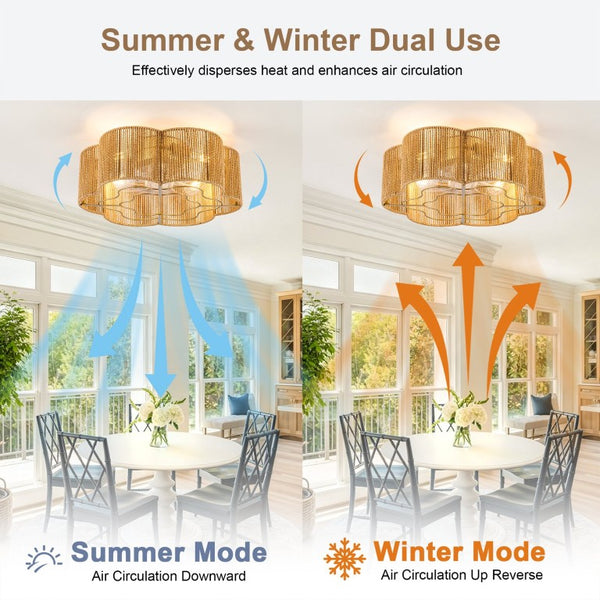 English Elm New Hand-Woven Paper-Cord Flush Mount Ceiling Fan with DC Motor and App Control W2991P521177