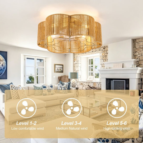 English Elm New Hand-Woven Paper-Cord Flush Mount Ceiling Fan with DC Motor and App Control W2991P521177