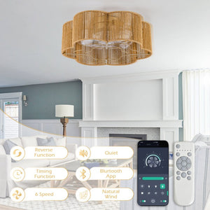 English Elm New Hand-Woven Paper-Cord Flush Mount Ceiling Fan with DC Motor and App Control W2991P521177