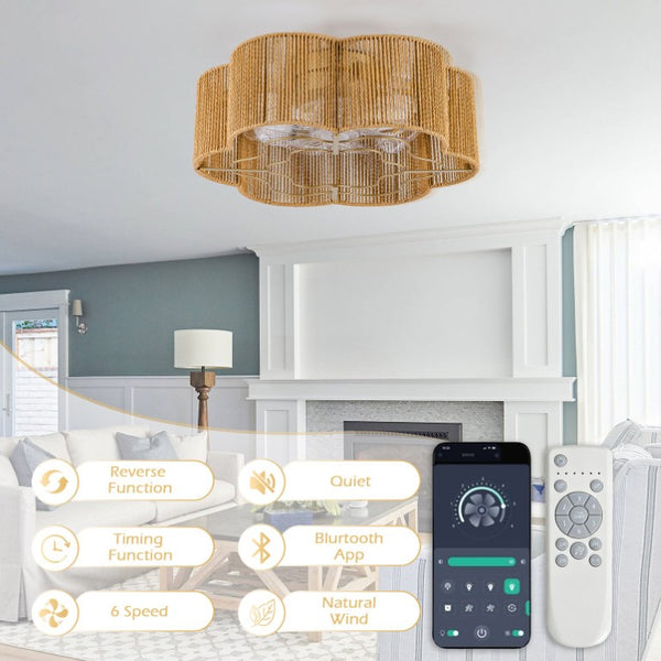 English Elm New Hand-Woven Paper-Cord Flush Mount Ceiling Fan with DC Motor and App Control W2991P521177