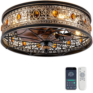 English Elm 19-Inch Victorian Lantern Flush Ceiling Fan with Crystal Accents and Bluetooth App Control W2991P521180