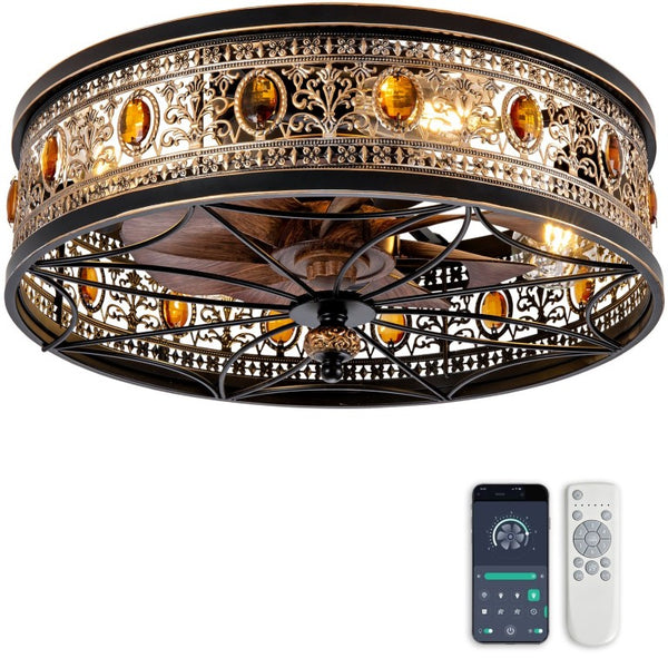 English Elm 19-Inch Victorian Lantern Flush Ceiling Fan with Crystal Accents and Bluetooth App Control W2991P521180