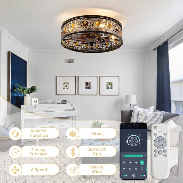 English Elm 19-Inch Victorian Lantern Flush Ceiling Fan with Crystal Accents and Bluetooth App Control W2991P521180