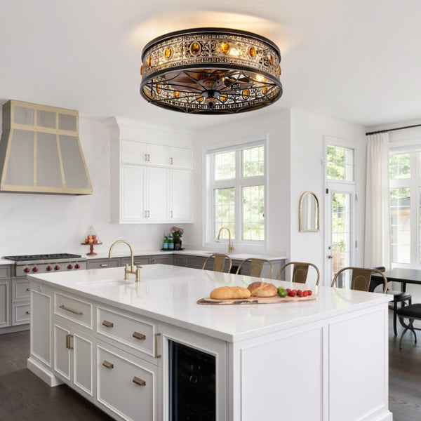 English Elm 19-Inch Victorian Lantern Flush Ceiling Fan with Crystal Accents and Bluetooth App Control W2991P521180