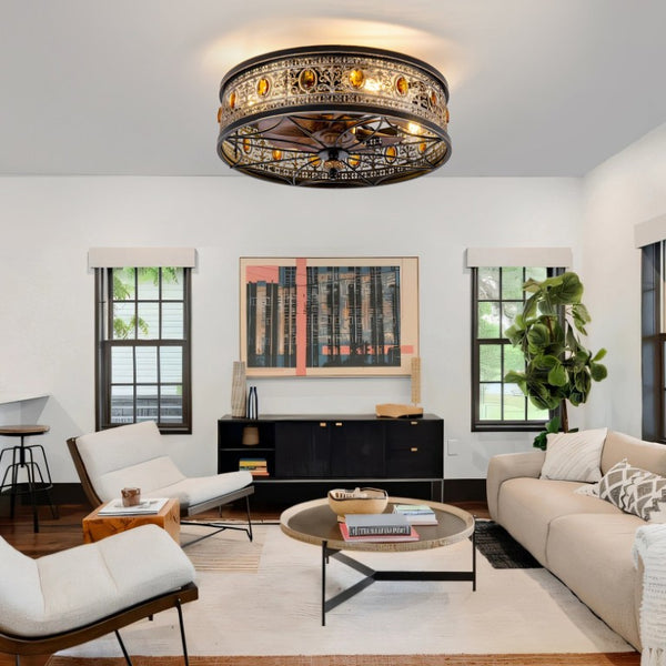 English Elm 19-Inch Victorian Lantern Flush Ceiling Fan with Crystal Accents and Bluetooth App Control W2991P521180