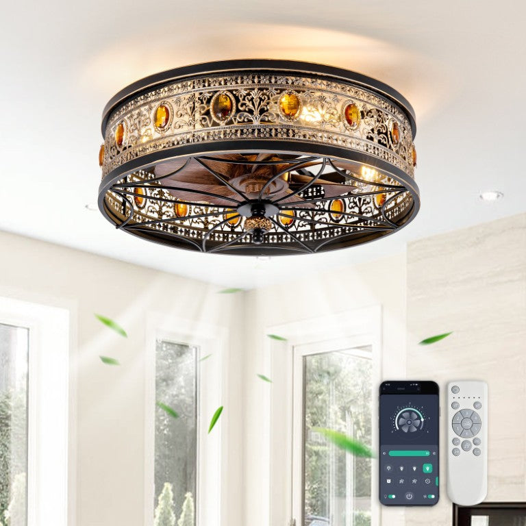 English Elm 19-Inch Victorian Lantern Flush Ceiling Fan with Crystal Accents and Bluetooth App Control W2991P521180