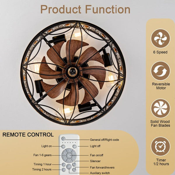 English Elm 19-Inch Victorian Lantern Flush Ceiling Fan with Crystal Accents and Bluetooth App Control W2991P521180