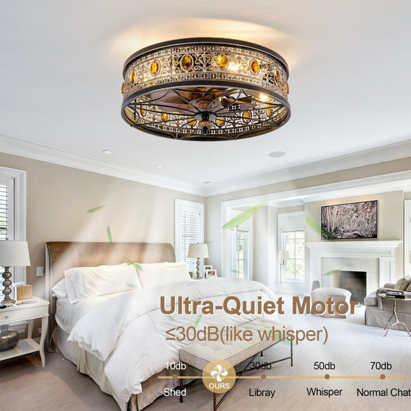 English Elm 19-Inch Victorian Lantern Flush Ceiling Fan with Crystal Accents and Bluetooth App Control W2991P521180