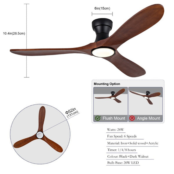 English Elm 52-Inch Flush Mount Ceiling Fan with Solid Sycamore Blades Dimmable LED and Remote W2991P521186