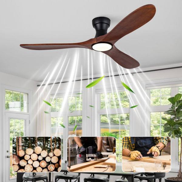 English Elm 52-Inch Flush Mount Ceiling Fan with Solid Sycamore Blades Dimmable LED and Remote W2991P521186