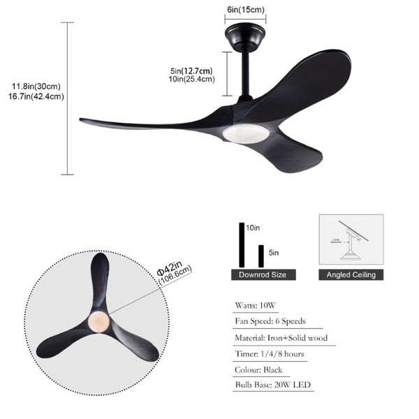 English Elm Hot 42 Inch Black Ceiling Fan Solid Wood Blades DC Motor 6 Speed with LED Light W2991P521195