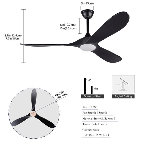English Elm Hot 60 Inch Black Ceiling Fan Solid Wood Blades DC Motor LED 3CCT Large Rooms W2991P521197