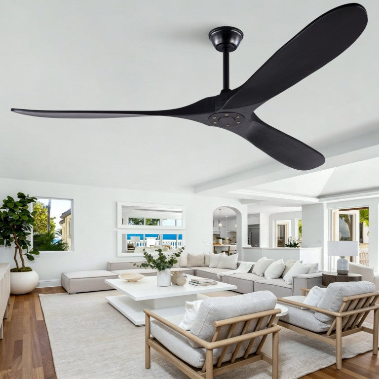 English Elm Hot Sales 70 Inch Matte Black Ceiling Fan Solid Wood Blades Remote Large Room Coverage W2991P521206
