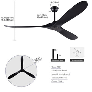 English Elm Hot Sales 70 Inch Matte Black Ceiling Fan Solid Wood Blades Remote Large Room Coverage W2991P521206