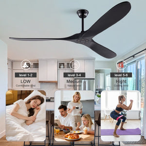 English Elm Hot Sales 70 Inch Matte Black Ceiling Fan Solid Wood Blades Remote Large Room Coverage W2991P521206