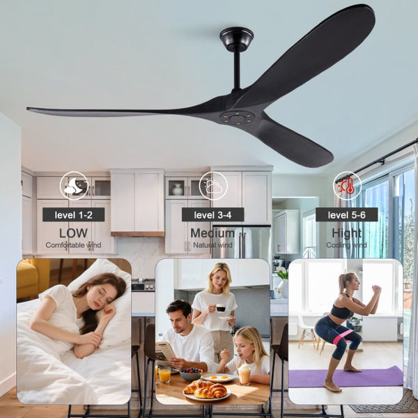 English Elm Hot Sales 70 Inch Matte Black Ceiling Fan Solid Wood Blades Remote Large Room Coverage W2991P521206