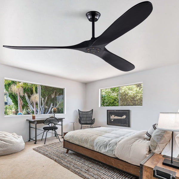 English Elm Hot Sales 70 Inch Matte Black Ceiling Fan Solid Wood Blades Remote Large Room Coverage W2991P521206