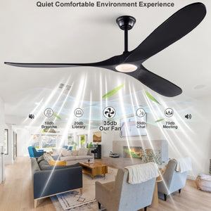 English Elm Hot 70 Inch Black Ceiling Fan Solid Wood Blades Dimmable LED Remote Large Room W2991P521207