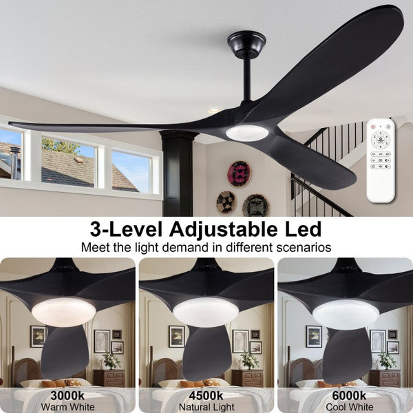 English Elm Hot 70 Inch Black Ceiling Fan Solid Wood Blades Dimmable LED Remote Large Room W2991P521207